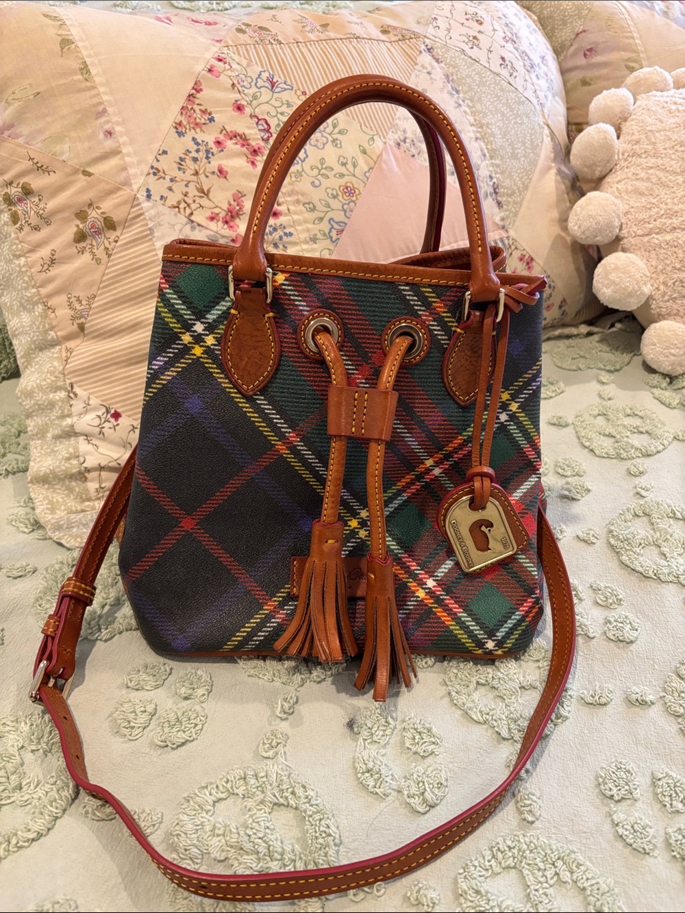 Dooney & Bourke Multicolor Tartan Plaid Drawstring Crossbody with Brown Leather